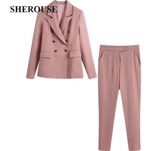 SHEROUSE Women Two Piece Set Vintage Oversized Office Lady Blazer Fashion High Waist Pants Woman Outfit Blazer Set Pants Suits