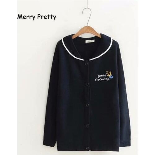 MERRY PRETTY Women Letter Embroidery Knitted Cardigans 2020 Winter Warm Turndown Collar Jacquard Sweaters Femme Knit Jumpers