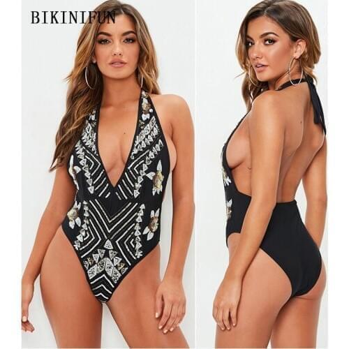 2020 New Sexy Geometric Print Swimsuit Women Deep V Beachwear Backless Halter Monokini S-XL Girl Low Cut Back One Piece Suit