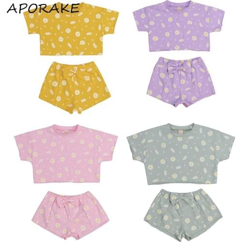 2021 0-3Y KIds Baby Girls Clothing Daisy Print Round Neck Short Sleeve Pullover Crop Top+Short Pants for Summer Casual Tracksuit