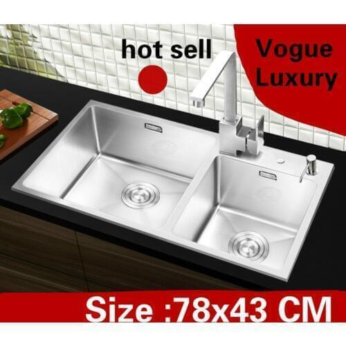 Free shipping Apartment kitchen manual sink double groove luxury durable 304 stainless steel hot sell 78x43 CM