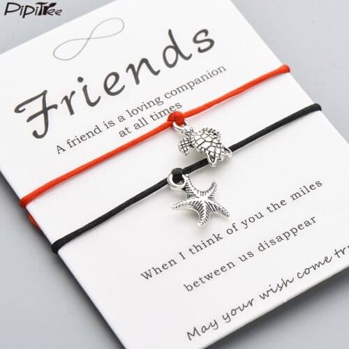 Pipitree 2pcs/set Best Friends Lucky Sea Turtle Starfish Charm Bracelet Women Men Friendship Red String Wish Bracelets Jewelry