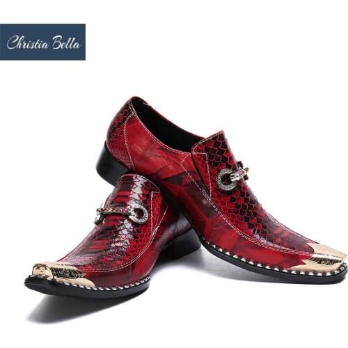 Christia Bella Fashion Snake Skin Genuine Leather Men Business Shoes Plus Size Slip On Metal Square Toe Formal Dress Men Shoes