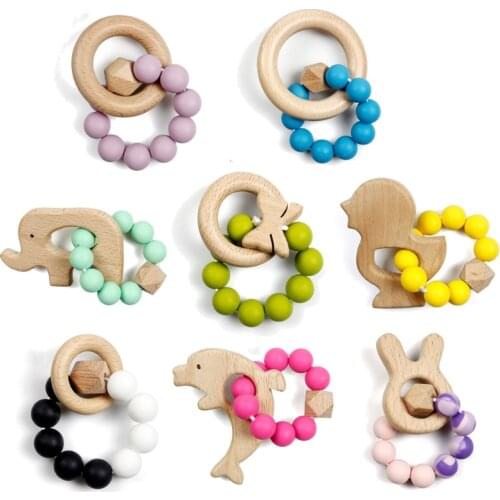 Baby Teether Silicone Beads Wooden Ring Bracelet Teething Toys Rodent Molar Chewing Nursing Soother Teether For Newborn Infant