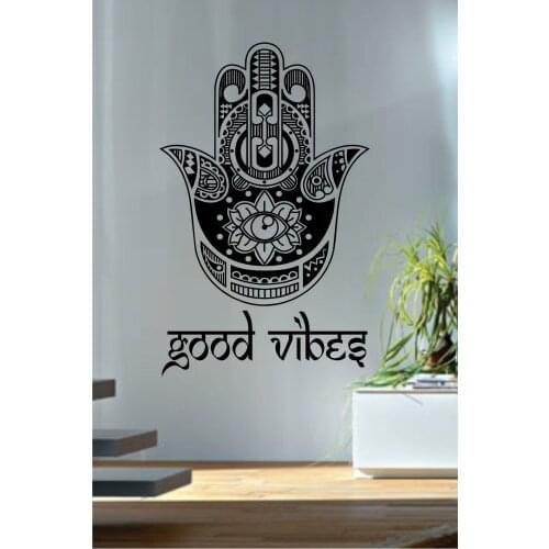 Good Vibes Hamsa Wall Decals Fatima Hand Quotes Wall Decor Vinyl Stickers Yoga Meditation Decor Geometric Wall TattooS-510