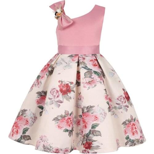 2021 New Printed Flowers Little Girl Oblique Shoulder Princess Dress For Girls Banquet Evening Dresses Elegant Flower Girl Dress