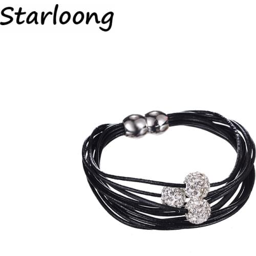 New arrival red black multi-layer leather strand magnetic clasp wrap bracelets with pave drill crystal glass rhinestone beads