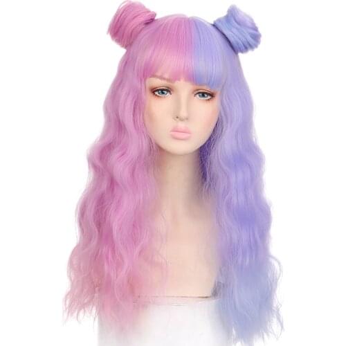 Lolita Mixed color Blue Pink Wigs Ombre Long Water Wave Cosplay Wigs Synthetic Hair Wigs Heat Resistant For Women