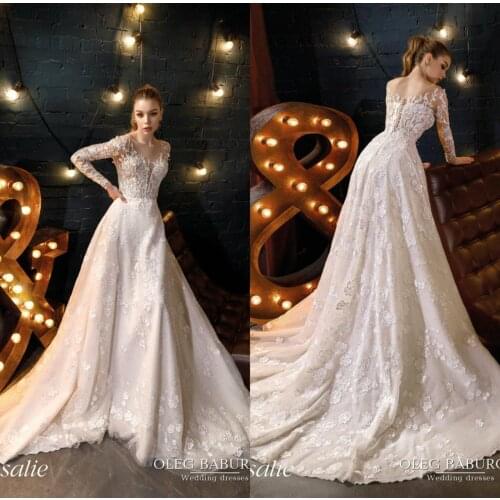 2020 Long Sleeve Wedding Dresses A Line Lace Applique Jewel Neck Country Bridal Vestido De Noiva Sweep Train Beach Wedding Gowns