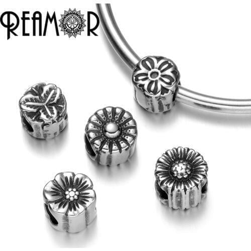 REAMOR 316L Stainless steel Big Hole Beads Fashion Sunflower Daisy Clover Bead fit Original Charm Bracelets & Bangle Jewelry DIY