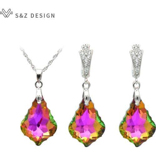 S&Z New White Gold Colorful Imitation Crystal Water Drop Dangle Earrings Jewelry Set For Women Wedding Party Gift Eardrop