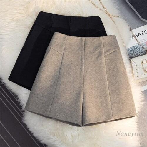 Woolen Shorts Womens Autumn and Winter Wear High Waist Slimming A- Line Wide Leg Outer Wear Casual Short Femme Grey Black