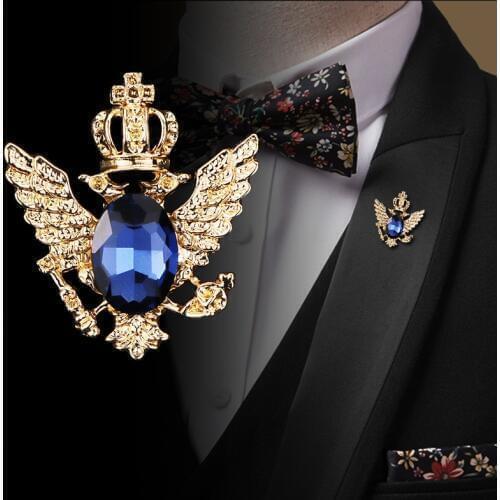 Vintage Angle Wing Double Eagle Badge Mens Retro Suit Coat Rhinestone Brooch Jewelry Luxury Metal Pins and Brooches for Women