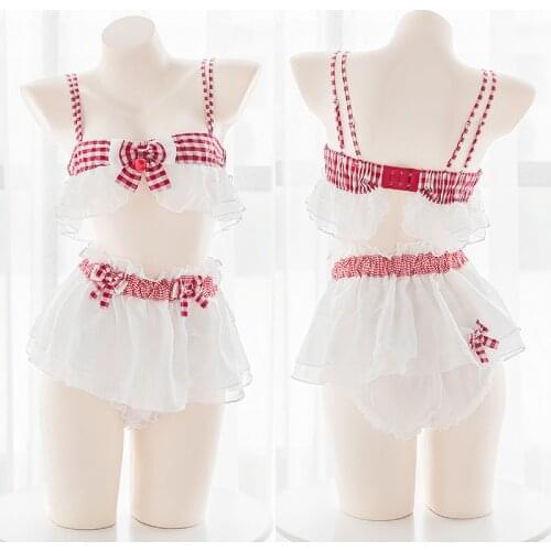 Japanese Girls Sweet Simple Sleepwear Underwear Set Retro Plaid Red Sweetheart Strawberry Sexy Micro-transparent pajamas Sets