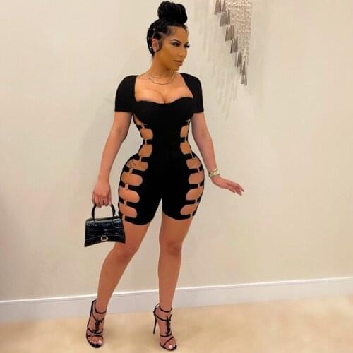 Summer Clothes Sexy Bodysuit Hollow Black Short Sleeve Jumpsuit Women One Piece Club Outfits Lounge Streetwear Wholesale Items