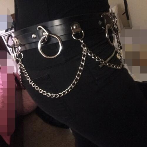 100% Handmade Punk Gothic Women Sexy Leather Belt Leather Waist Belt Chain Metal Link Circle Straps
