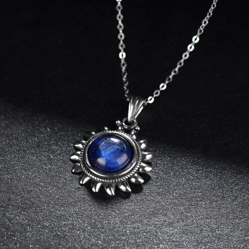 Exquisite Sun Shape Natural Kyanite Necklaces for Women Men 925 Sterling Silver Necklace Vintage Pendants Fine Jewelry Gift