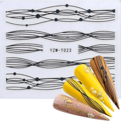 YZWLE 1 PC Gold/Black Sliders 3D Nail Stickers Straight Curved Liners Stripe Tape Wraps Geometric Nail Art Decorations