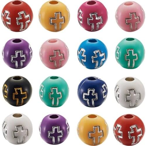 300pcs/box 8mm Mixed Color Plating Acrylic Beads Round with Cross for Jewelry Making Hole: 2mm 30pcs/color
