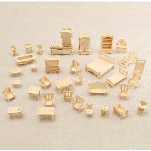 34pcs Miniature Dollhouse Wooden Furniture For Dolls Mini 3D Wooden Puzzle DIY Building Model Toys For Children Gift