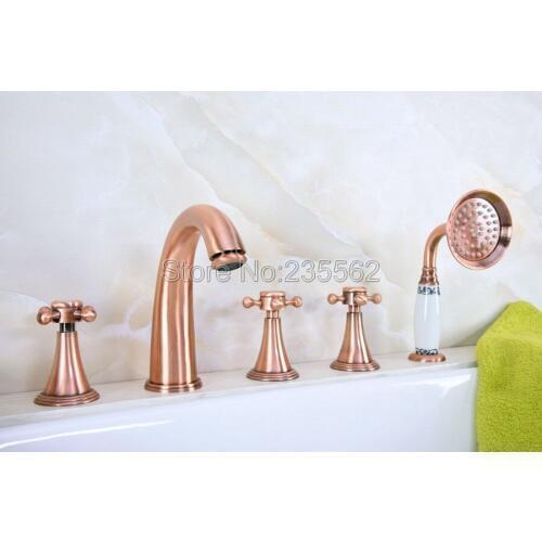 Antique Red Copper Roman Bathtub Mixer Faucet Set w/ Handheld Shower 5 Holes Tap Deck Mounted lna206