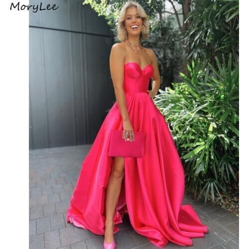 Prom Dresses Sweetheart Sleeveless A-Line Side Slit Satin Pleated Prom Dresses With Lace Up Back vestidos de fiesta de noche