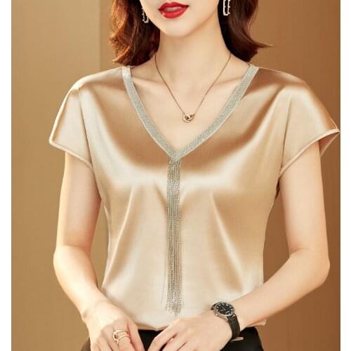 New Women Silk Fashion Tops Solid V-neck Tassel Satin Bat Sleeve Blouse for Women Office Lady Loose Plus Size Blouse Blusa 15494