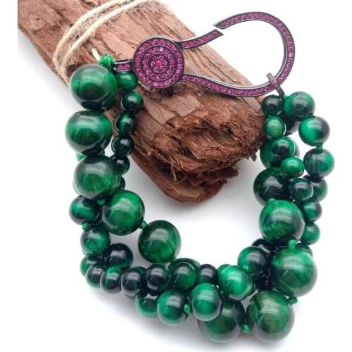 YYGEM 8" 3 Strands Green Round Tiger Eye strand Bracelet Cubic Zirconia Pave Lobster Clasp handmade for women