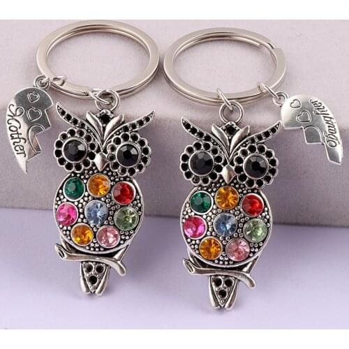 Vintage Silver Color Alloy Owl Heart Pendant Keychain Colorful Crystal Keyring Women Charms Keyfob Jewelry Mothers Day Gift