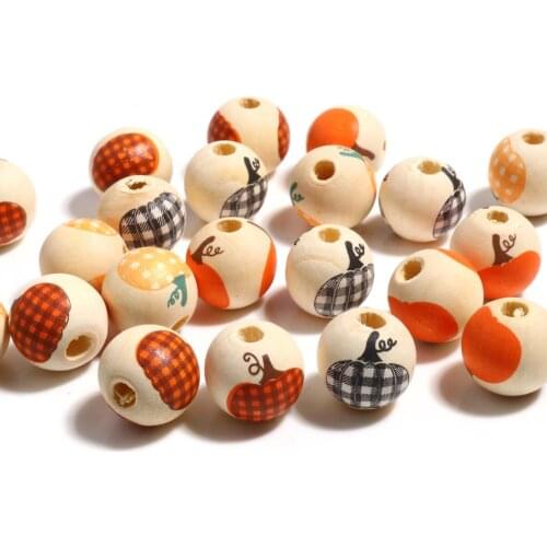 16mm Wood Spacer Beads Round Multicolor Halloween Pumpkin Pattern Loose Beads DIY Making Bracelets Jewelry Party Gifts,20PCs
