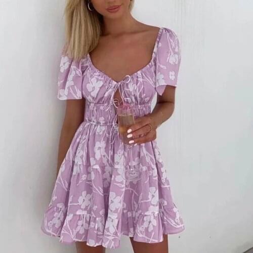 MosiMolly Purple Floral Dress Square Neck bow dress female vestidos ruffle mini dress 2021 summer