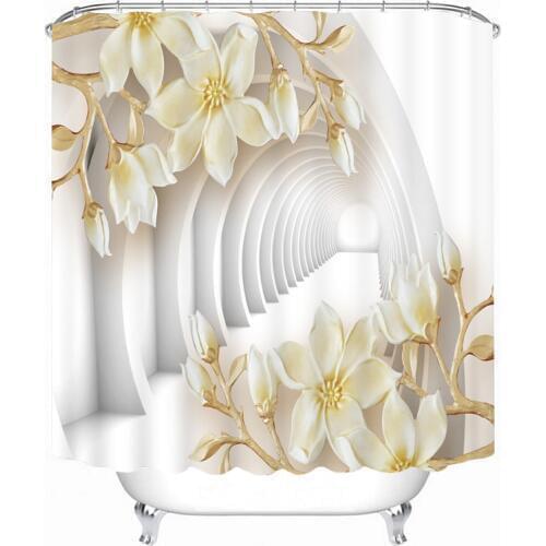 Customized Beautiful 3D White Flower Butterfly Pattern Shower Curtains Bathroom Curtain Waterproof Thickened Bath Curtain