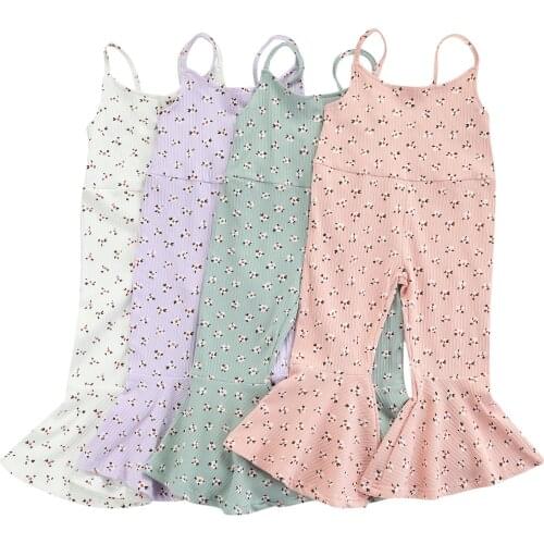 New Kid Suspender Jumpsuit with Flower Print, Ruffle Hem High-waisted Version Summer Clothing