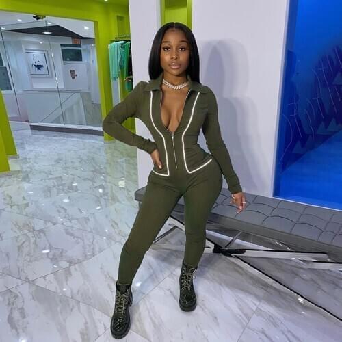 Casual Fitness Reflective Women Jumpsuit Stretchy Bodysuit Sportwear Front Zipper Turn Down Collar Full Sleeve Outfit For Women