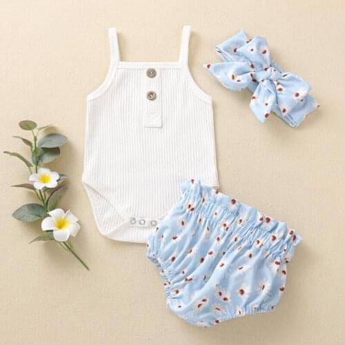 Summer 2021 Kids Baby Girls 3-piece Outfit Set Sleeveless Romper+Ruffles Floral Print Shorts+Headband Set