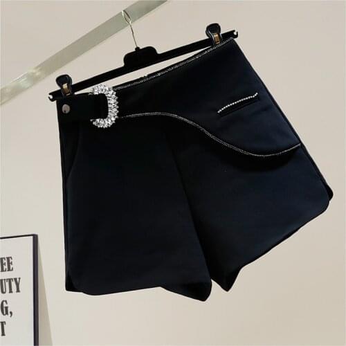 Fashion Design Exquisite Rhinestone Irregular A- Line Casual Wide-Leg Shorts Women Korean Style High Waist Slimming Slit Short