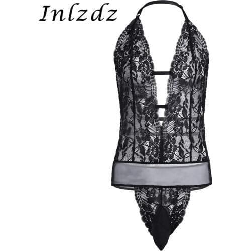 Mens Erotic Lingerie Sissy Pouch Bodysuit Sleeveless Halter Backless See Through Lace Floral Sissy Crossdressing Sexy Nightwear