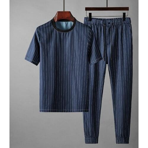 2021 Summer Mens Sets (t-shirt+pants) Luxury Short Sleeve Round Collar Stripe Male Tracksuit Plus Size 4xl Slim Fit Man Sets