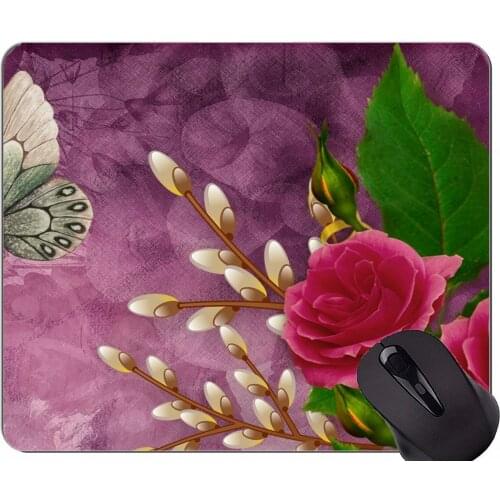 Mouse Pad Non-Skid Natural Rubber Rectangle Mouse Pads,Rose art flower butterfly -Stitched Edges