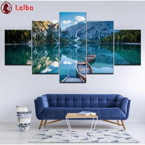 Full Diamond Painting Natural scenery, green mountains and green waters, boats Mosaic Diamond Embroidery Sale Home Decor5pcs