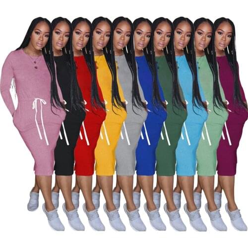 Casual Solid Long Sleeve Dress with Pockets Women O Neck Drawstring Waist Dresses Elegant Fall Spring Clothes Loungewear