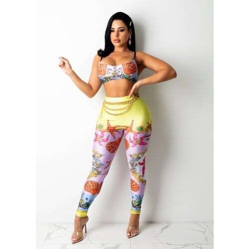RMSFE 2021 Womens Sleeveless Sling Sexy Trend Fashion Printing Slim Casual Pants Two Piece Set