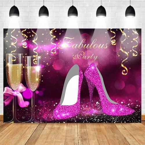 Fabulous Party Backdrop for Lady High Heels Champagne Birthday Banner Props Background Bokeh Shiny Pink Photography Backdrops