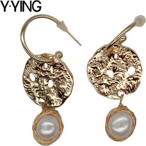 Y·YING Natural White Pearls Earrings Metal Women Engagement Studs Statement Jewelry gold color plated hoop earrings