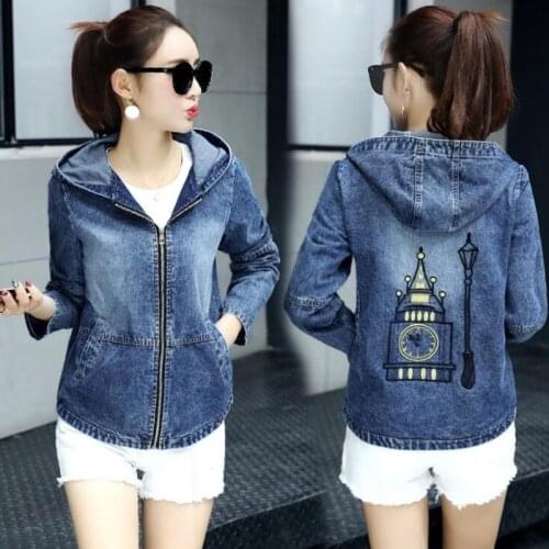 #3311 2020 Spring Women Jeans Jacket Short Slim With Hooded Back Embroidery Zipper Women Jeans Jacket Fashion Plus Size 3XL