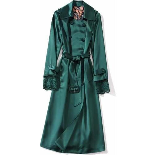 European and American womens clothing 2020 winter new style Lace long-sleeved double-breasted green fashion trench coat
