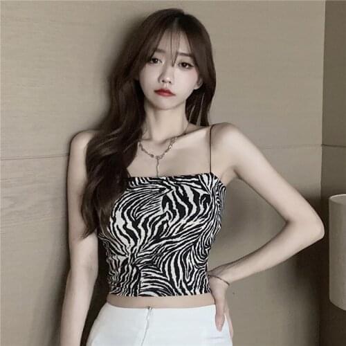 Real Shot European and American Simple Zebra Pattern Camisole Womens Thin Shoulder Strap Tight Crop Top
