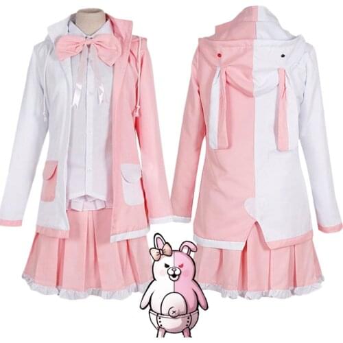 Anime Dangan Ronpa Monomi Cosplay Costume Women Girls Halloween Carnival Party Pink White Rabbit Coat Full Set and Wig C120K217