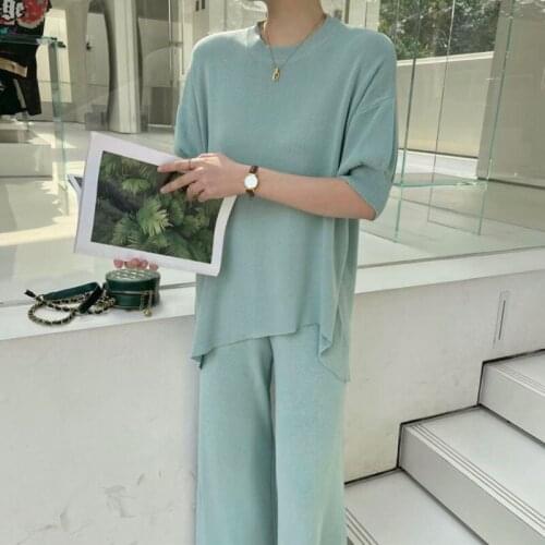 Women Summer Two Piece Set Korean Short Sleeve Ice Silk Knitted Irregular Tops + Wide Leg Pant Suits 2 Piece Sets Womens Outfits