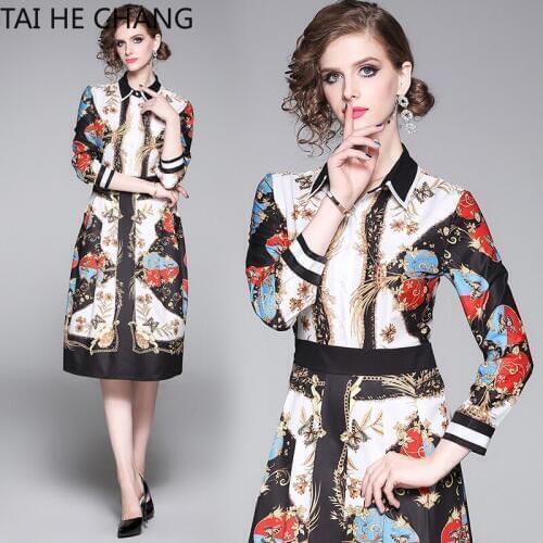 Women Dress New Fashion Retro Spring Summer Elegant Slim Bodycon Vintage Party Runway Print Shirt Office Work Maxi Dresses